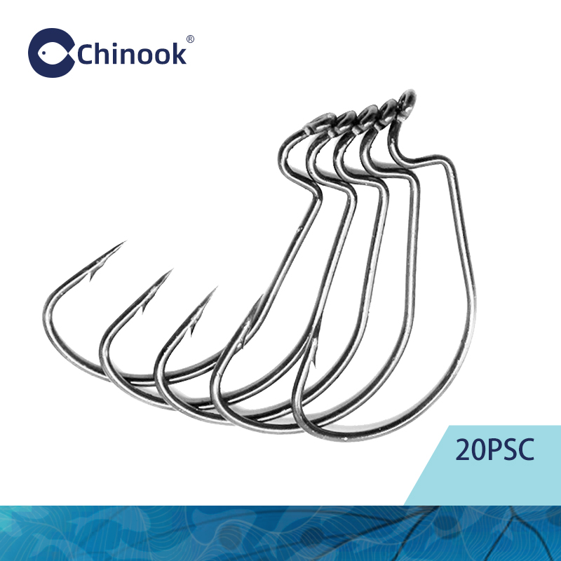 Fishing Hook Offset - チヌーク 20個入り ワイドワーム テキサンフック カーボンオフセット フィッシュフック